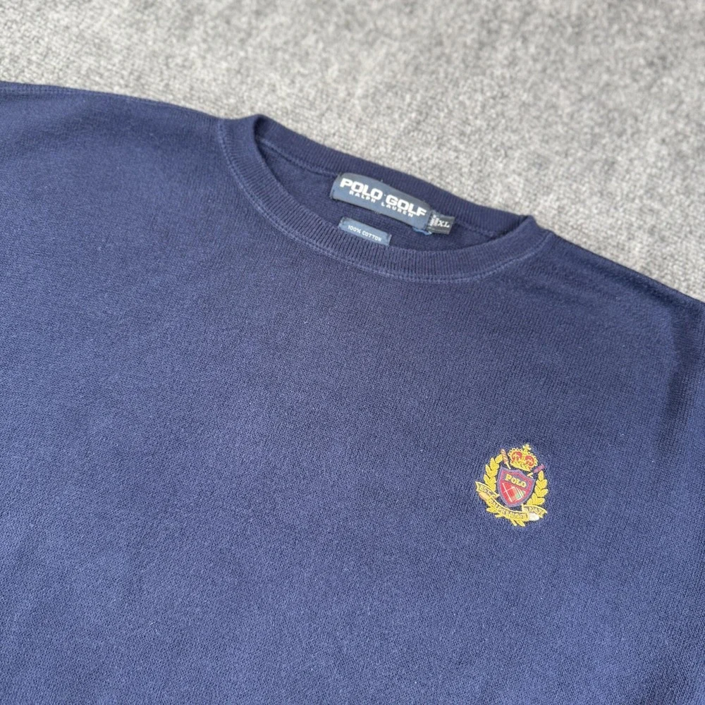 Polo Golf Ralph Lauren Sweater Mens 2XL Navy Blue Crest Cotton Crewneck Pullover
